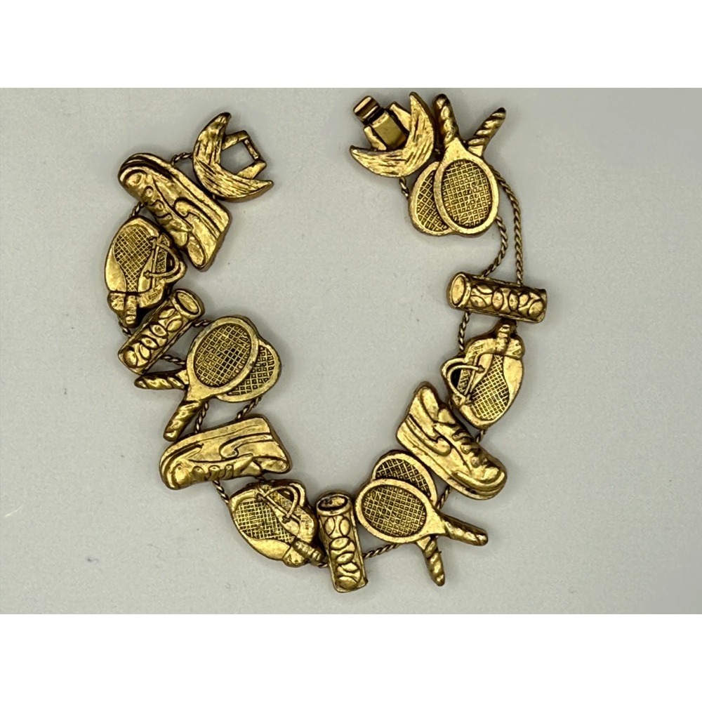 Vintage Tennis Sliding Charm Bracelet Gold Tone Sports Racket Sneaker Theme 7.5"
